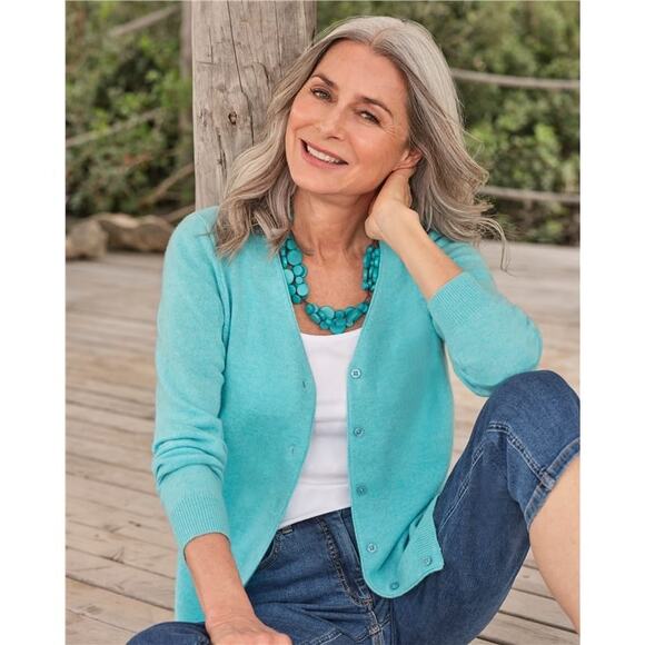 Saks Fifth Avenue 100% Cashmere Cardigan Size S Aqua Blue Sweater Preppy *stain - Picture 1 of 8